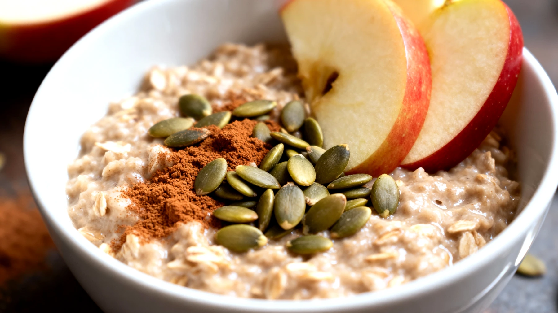 Porridge di avena con semi di zucca, cannella e mela"